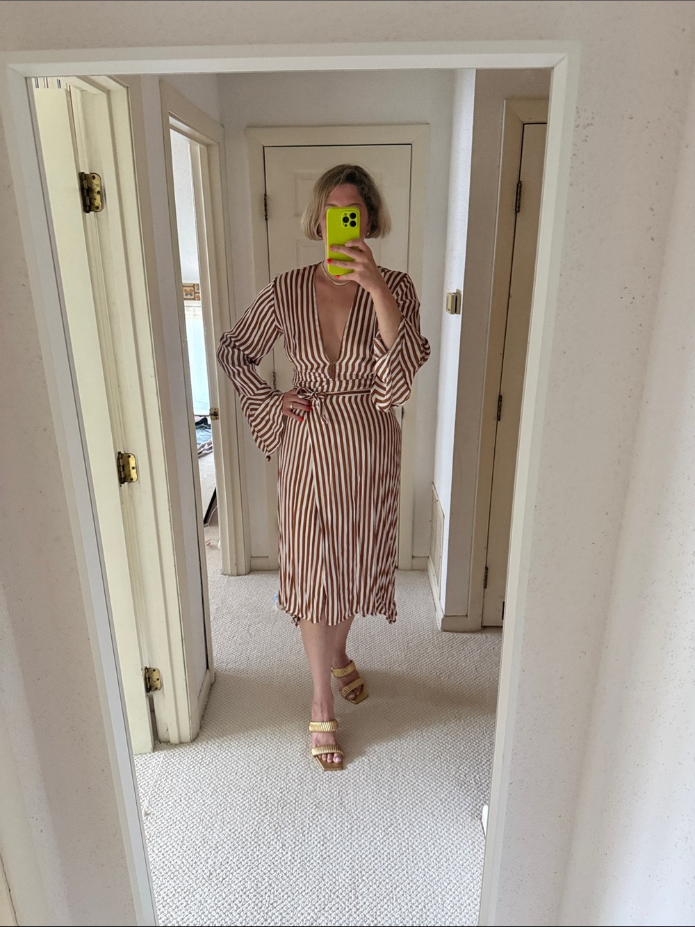 Faithfull the Brand Cream and Bronze Carioca Striped Wrap Midi Dress